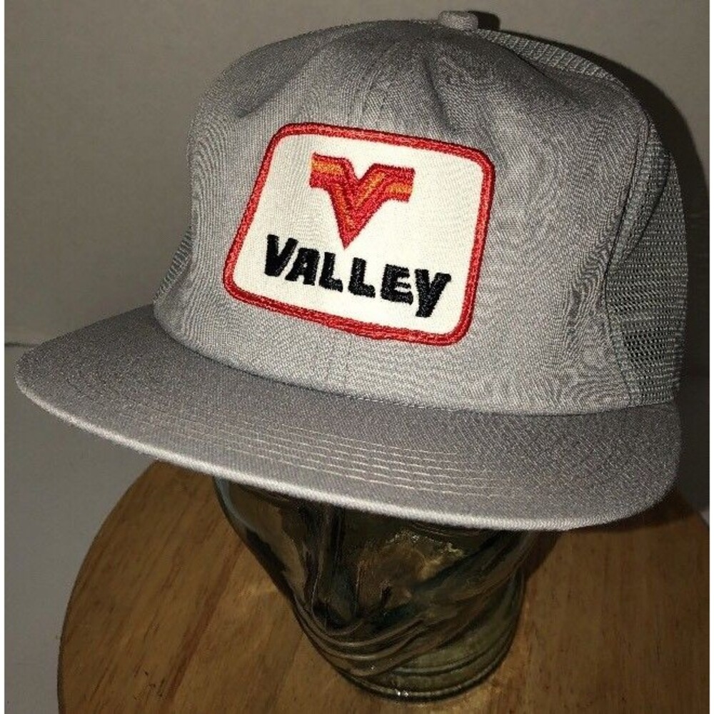 VTG VALLEY 80s USA K-Products Gray Trucker Hat Cap Snapback Feed Seed FARMING